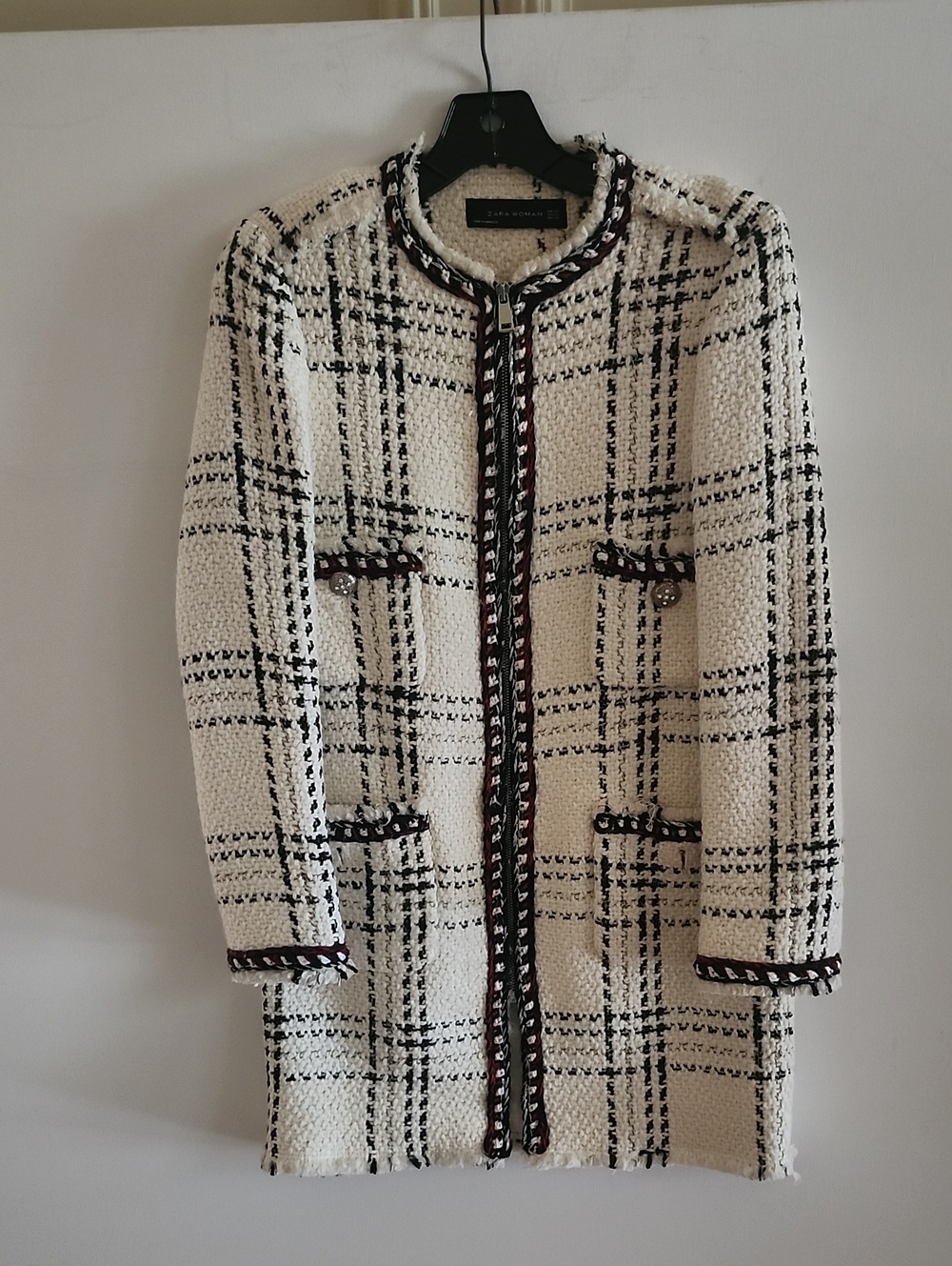 Zara Cream and Black Tweed Jacket with Braided Trim